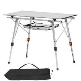 Folding Camping Table, Portable Roll Up Side Tables, Lightweight Aluminum Beach Table with Adjustable Height, Top Mesh Layer and Carry Bag