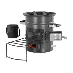 Camping Rocket Stove, Wood Burning Portable Rocket Stove with Carrying Bag for Backpacking, SPCC Steel, Double Door, Burn Twigs