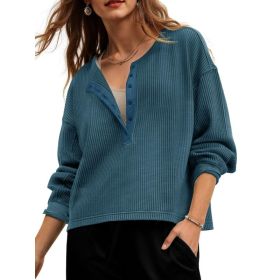 Fisoew Womens Cropped Sweatshirt Casual Waffle Knit Button V Neck Long Sleeve Loose Fit Fall Crop Tops (Option: Bluish Gray-L)
