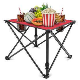 1Pc Foldable Camping Table Portable Picnic Table Lightweight Travel Desk with 2 Cup Holders Carrying Bag (Color: Red)